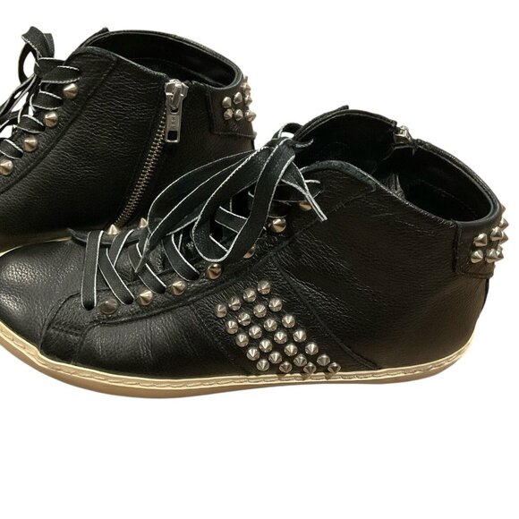 Leather Crown Studborn black Mid top Sneakers Silver Metal Studs Zipper Size 38 - Picture 7 of 12